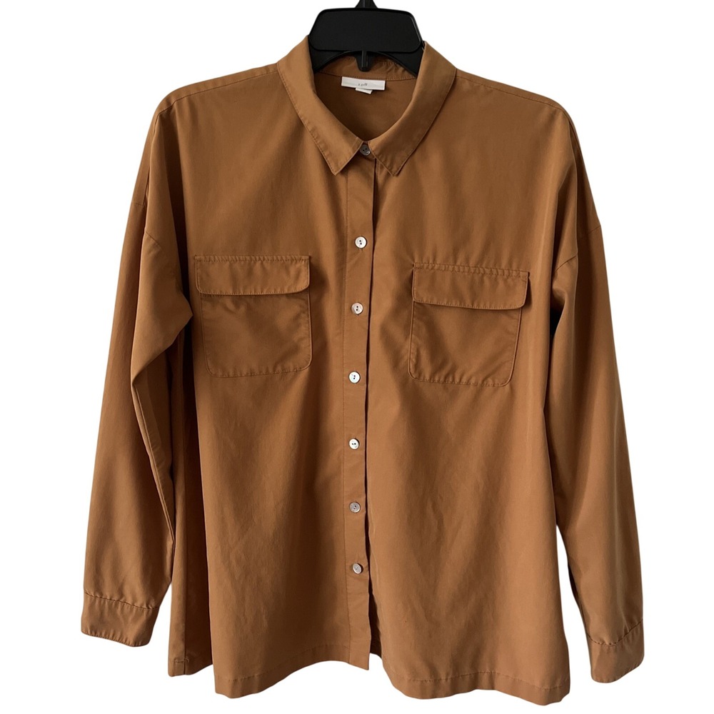 J Jill Women's Small‎ Brown Gold Utility Button Up Blouse Classic Office